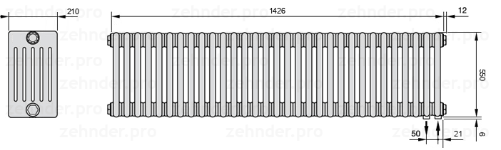 Схема (чертеж) Радиатор Zehnder Charleston 6055/31 №5510 Белый глянцевый RAL 9016